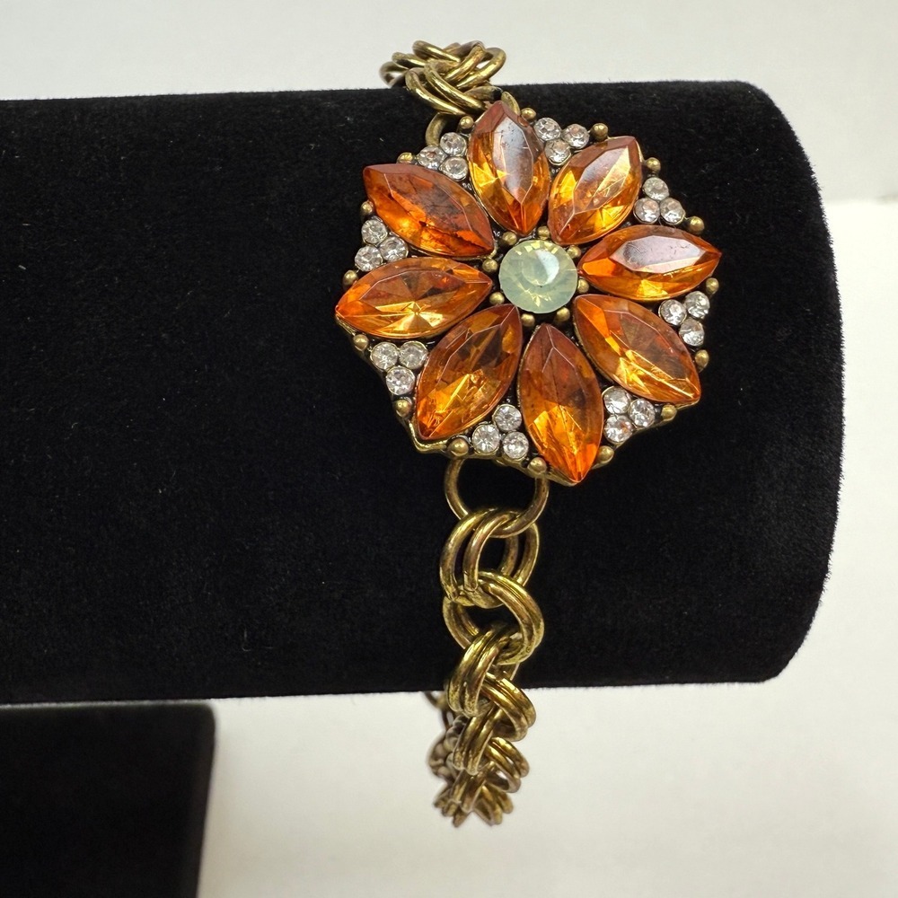 Vintage Monet Crystal Flower Charm Bracelet Gold Tone Chain Orange Jewelry Sz 7